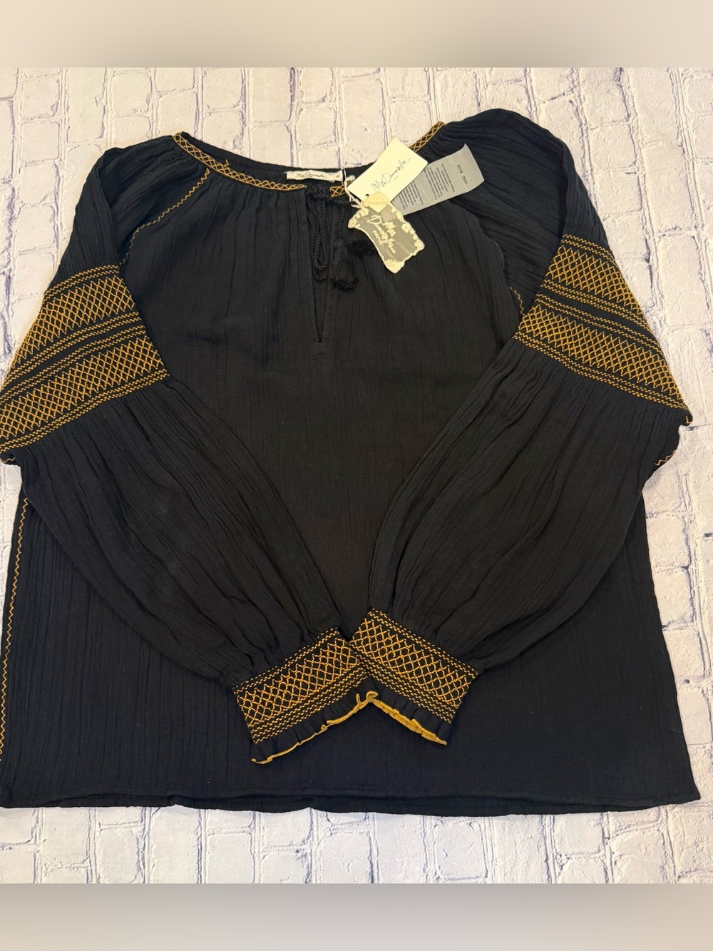 Mes Demoiselles Paris Embroidered Peasant Blouse in black.